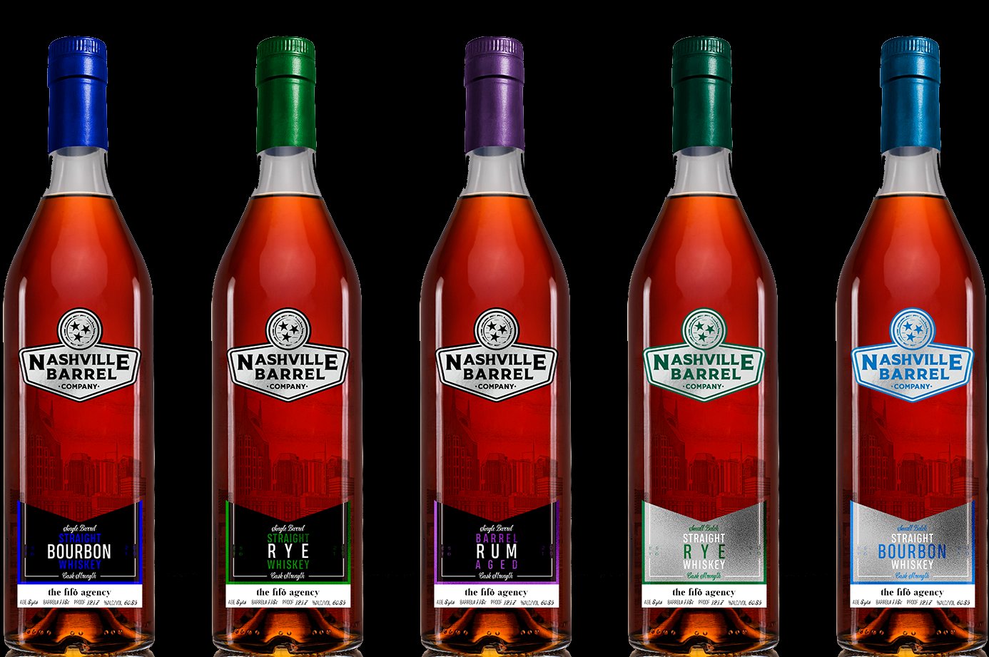 Nashville Barrel Co bourbon and whiskey bottles lineup