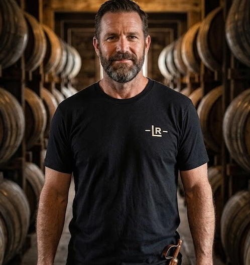 Louisville Rickhouse Whiskey Co T-Shirt - Button Logo on Back - Black