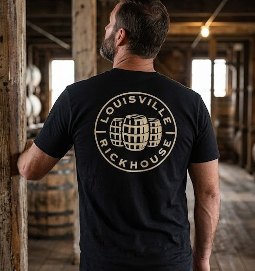 Louisville Rickhouse Whiskey Co T-Shirt - Button Logo on Back - Black