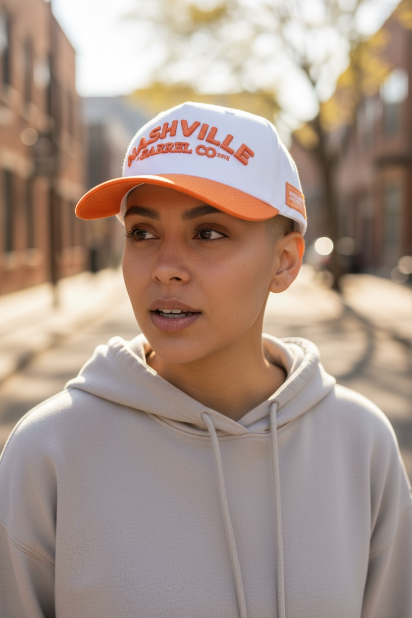 Nashville Barrel Co Hat - Puffy Letters - Orange & White