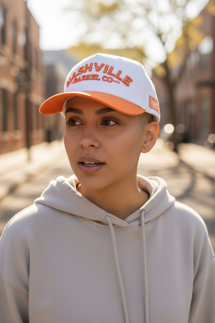 Nashville Barrel Co Hat - Puffy Letters - Orange & White