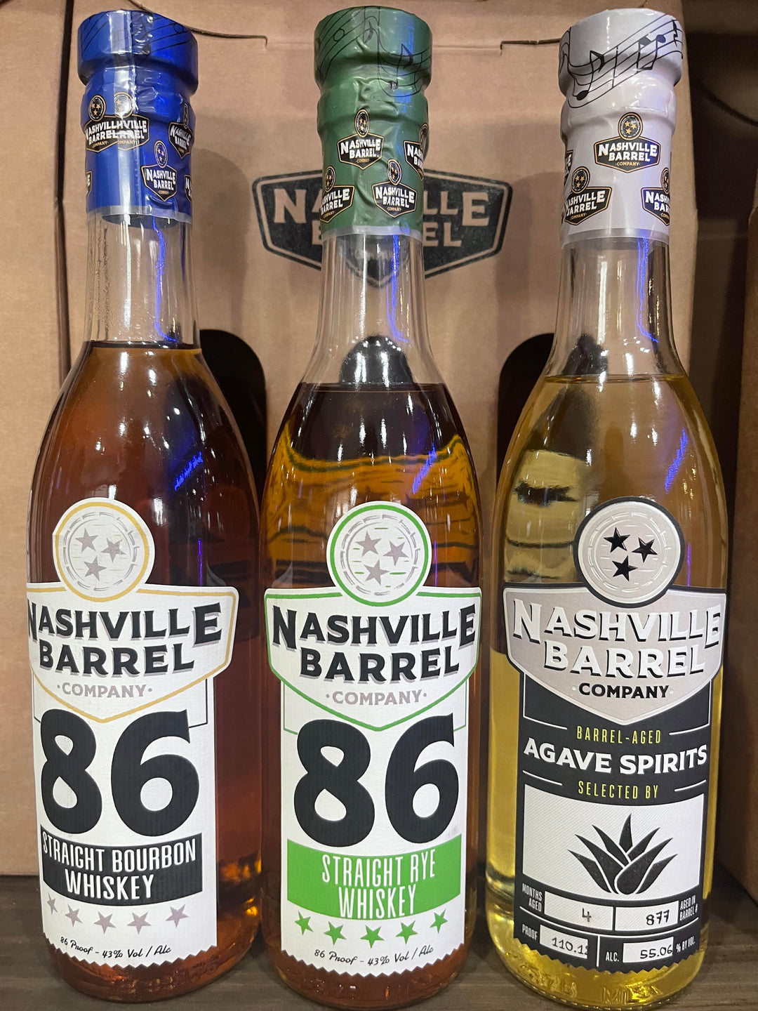 Nashville Barrel Go  - 3 Pack Gift - 375ML Bottles - 86 Bourbon - 86 Rye - Agave